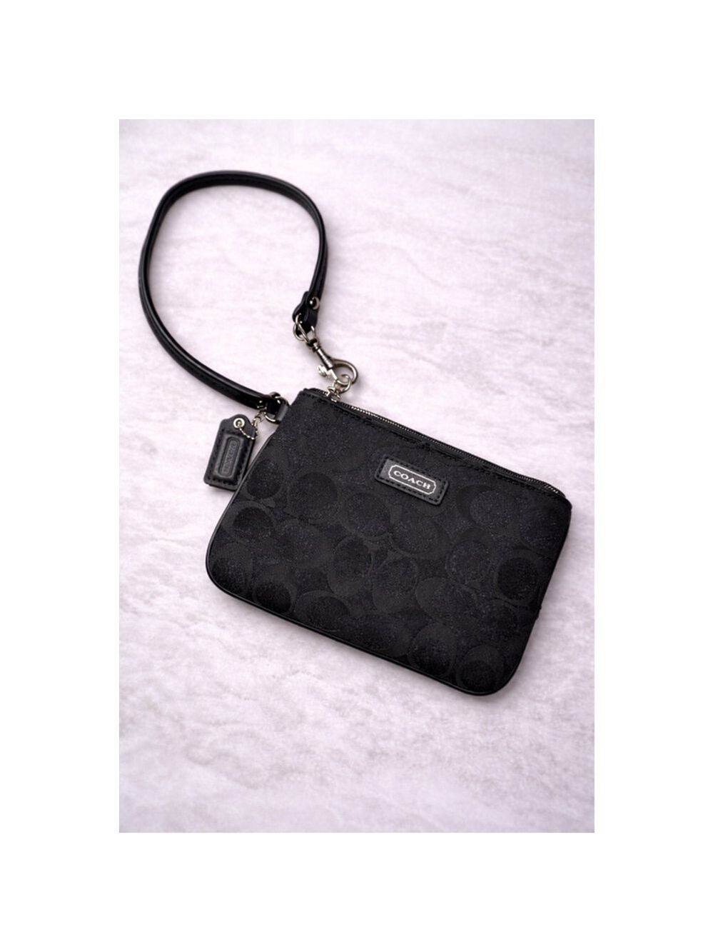 Coach Black Signature Jacquard Wristlet | Small Zip Pouch w/ Strap